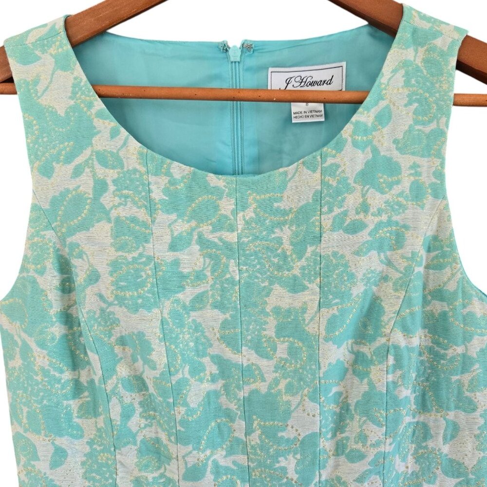 J Howard Brocade Fit & Flare Sleeveless Dress Aqua Floral Metallic Size 8 - Picture 4 of 10